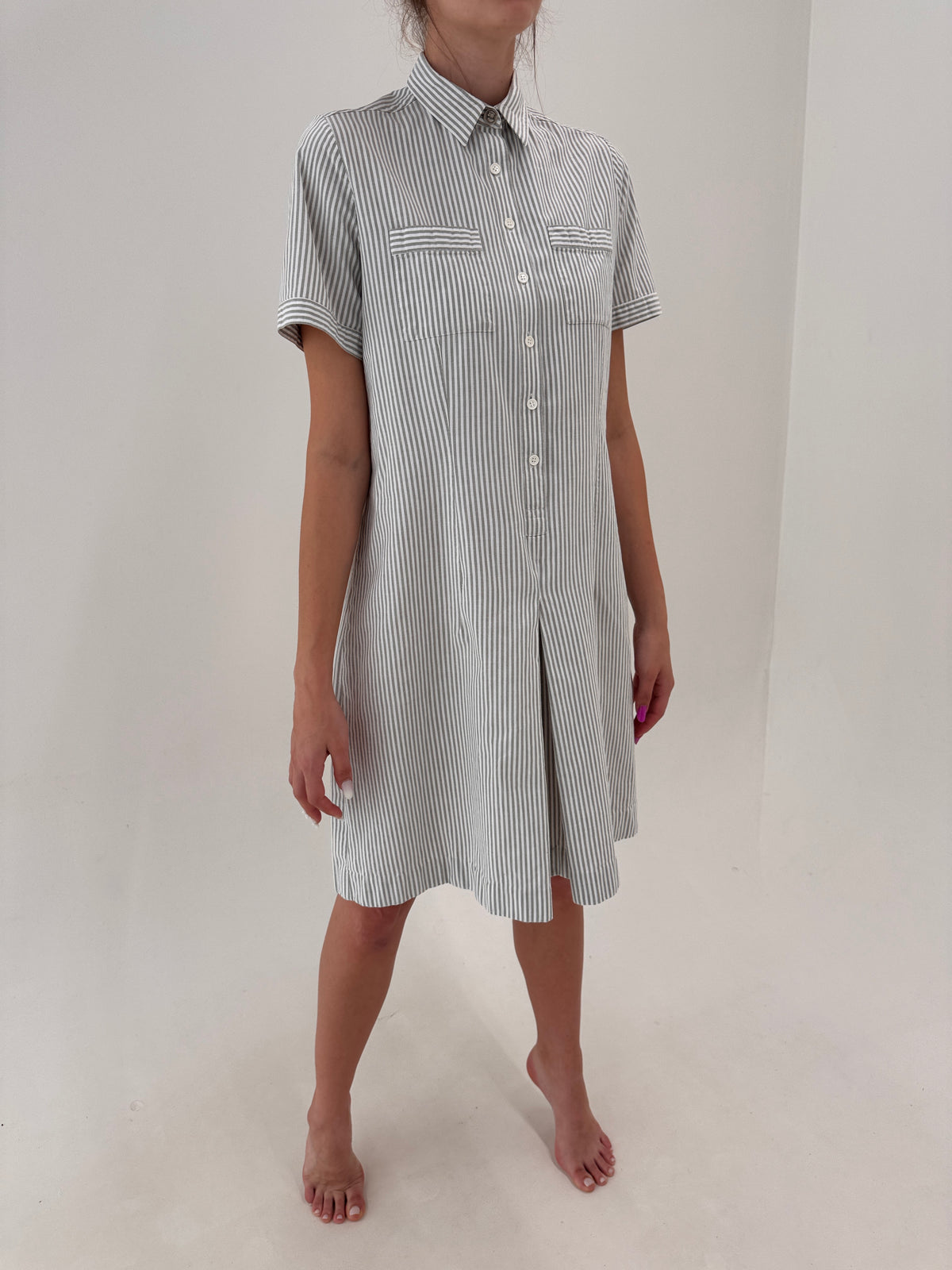 Rochie vintage excepțională in dungi warm gray din pânză de bumbac