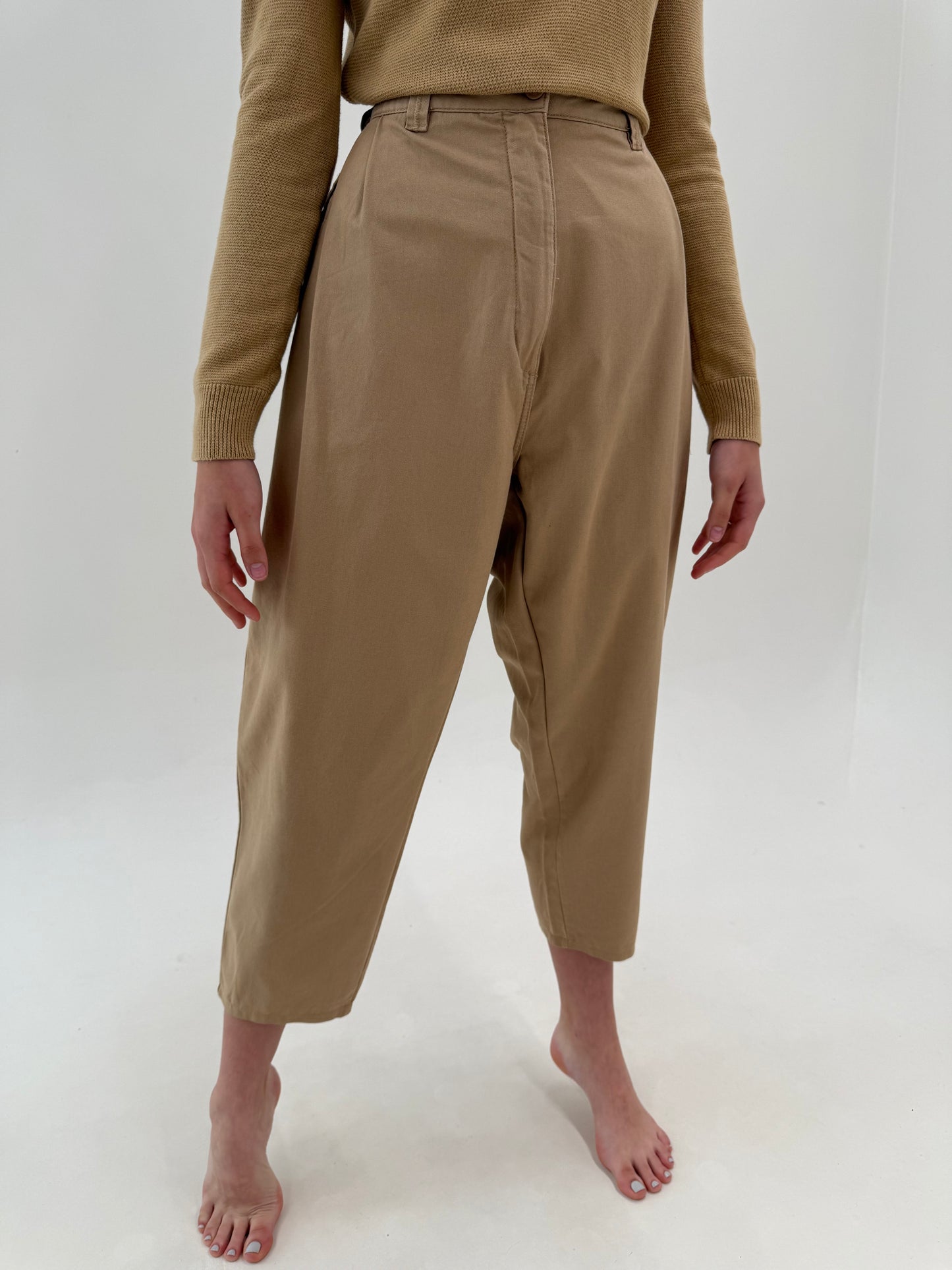 Pantaloni camel din bumbac premium moale cu talie ultra înaltă și solduri generoase