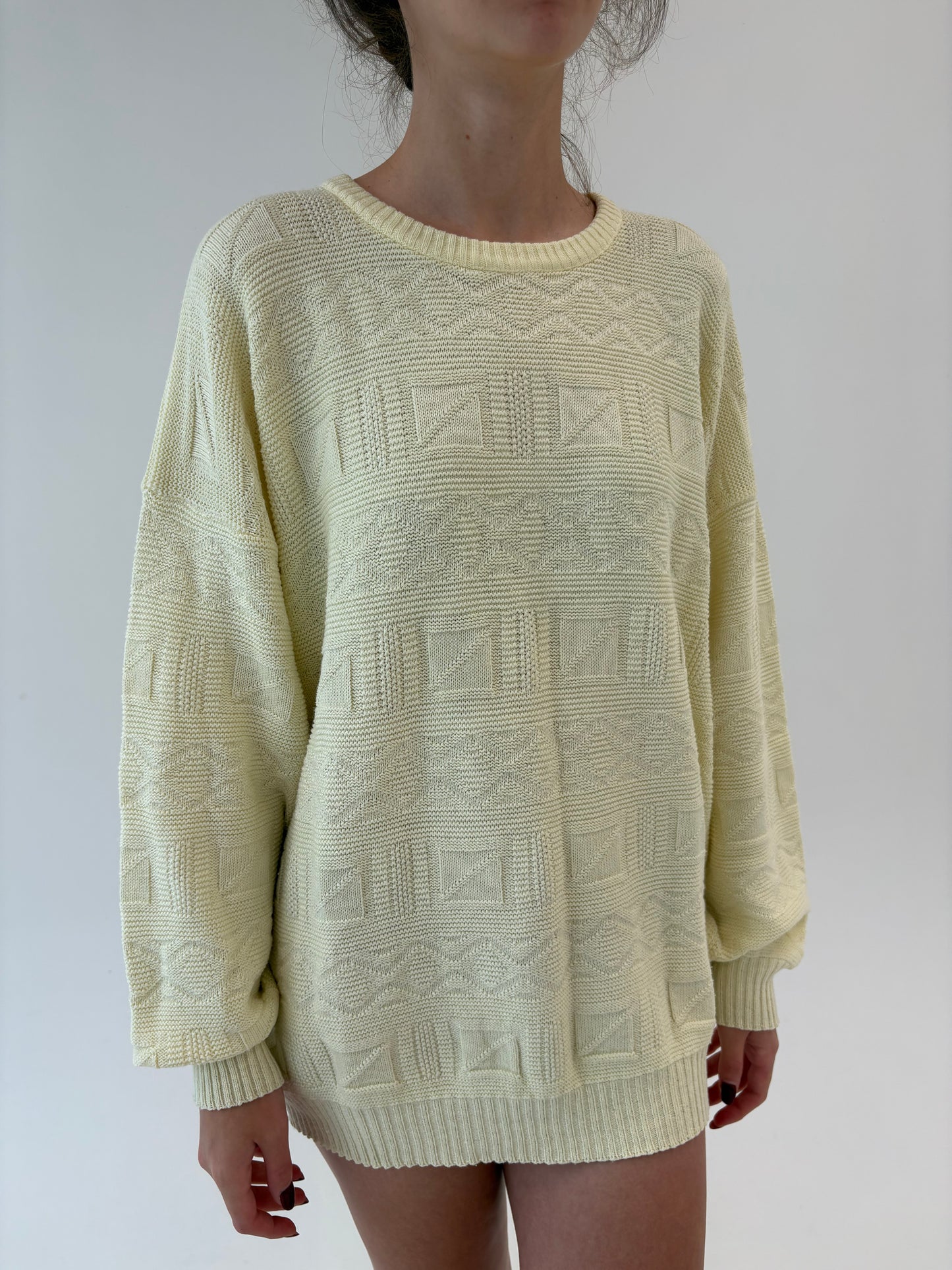 Pulover vintage butter yellow în croi lejer din bumbac de gramaj mare