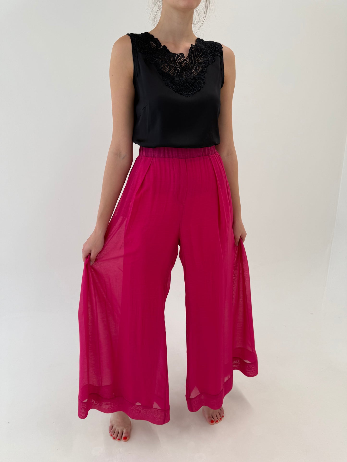 Pantaloni palazzo fucsia super vaporoși tall cu talie ultra înaltă