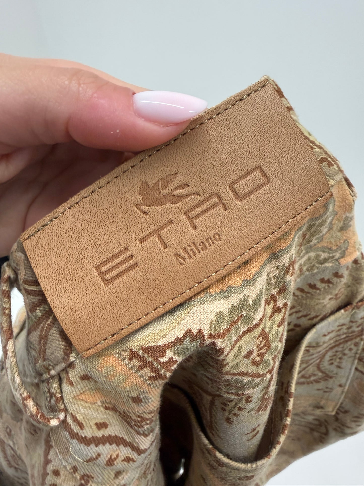 Pantaloni camel Etro petite cu print paisley specific brandului ultra confort modelatori