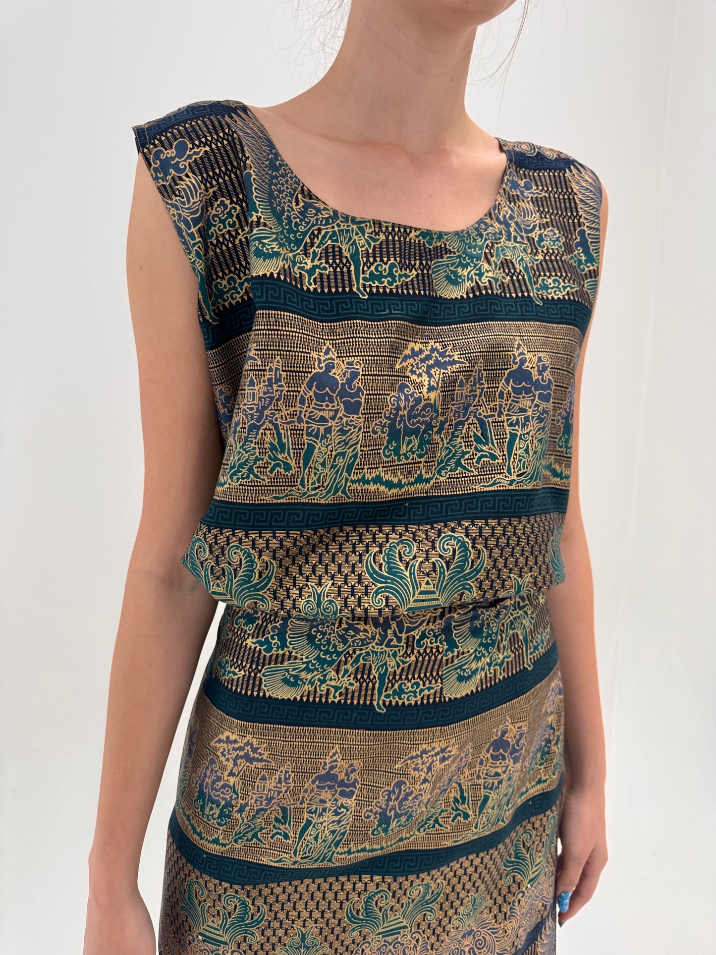 Set din canvas prețios de bumbac cu print muted gold și fustă petrecută