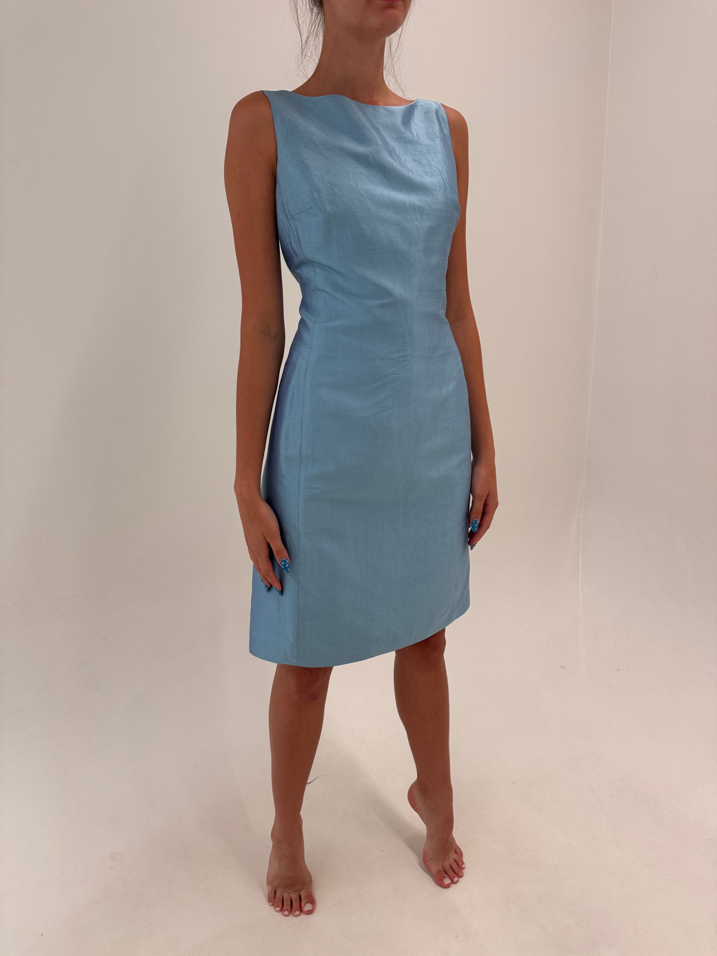 Rochie baby blue în croi minimalist din mătase naturală dupioni