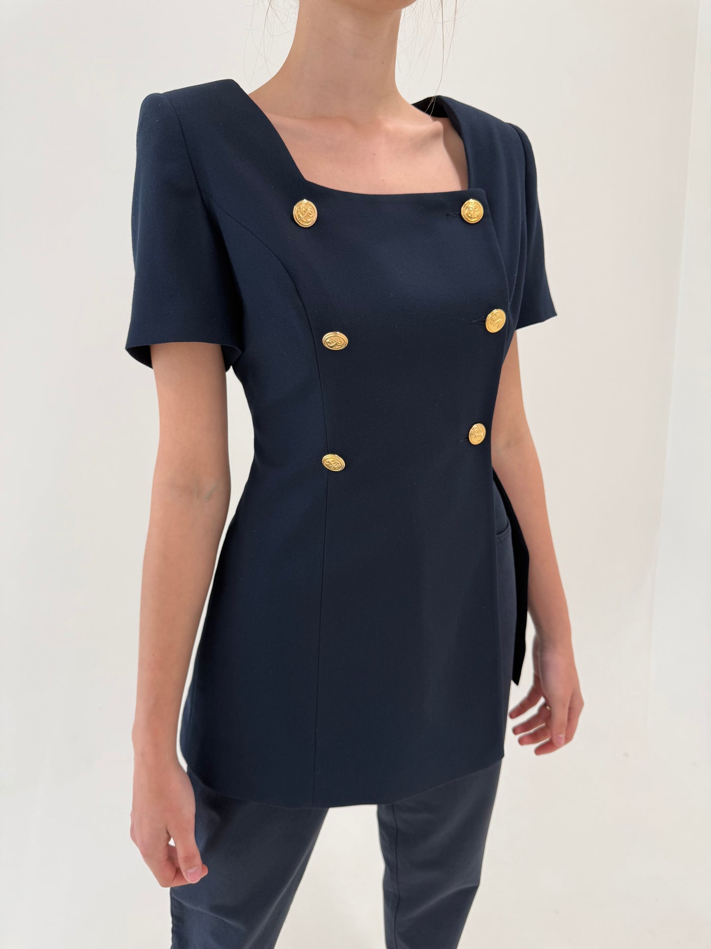 Sacou ultra chic și cambrat Navy cu nasturi metalici aurii