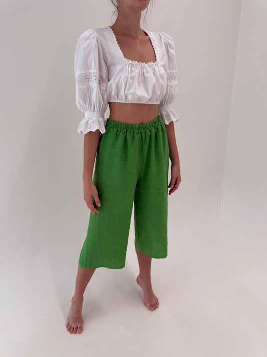 Pantaloni culottes din in verde tare cu talie ultra înaltă elastică