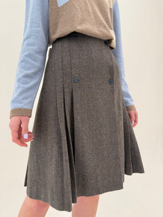 Fustă taupe și teal blue din Tartan de lana groasa cu pliseuri și talie ultra înaltă