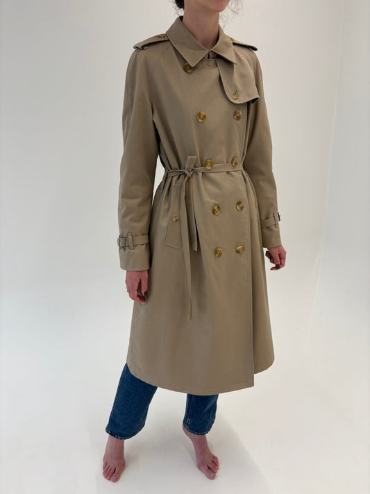 Trench vintage Burberry camel cu talie marcată reglabilă din gabardină