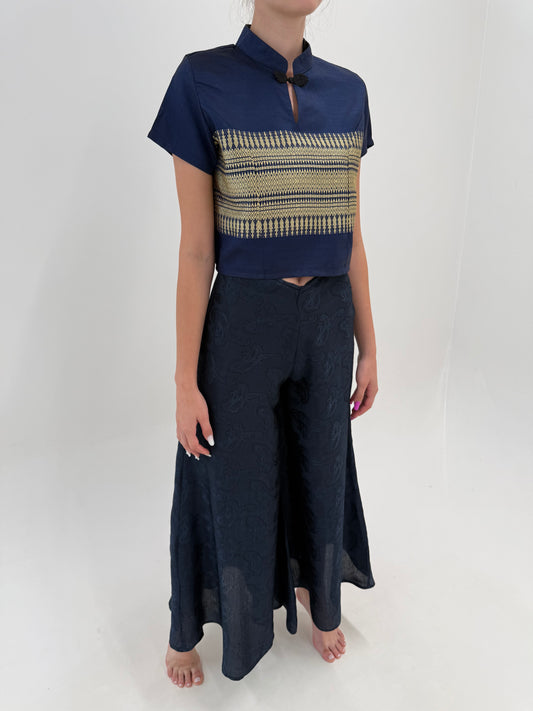 Pantaloni palazzo din mătase naturală Navy cu print paisley texturat de la zi la seară
