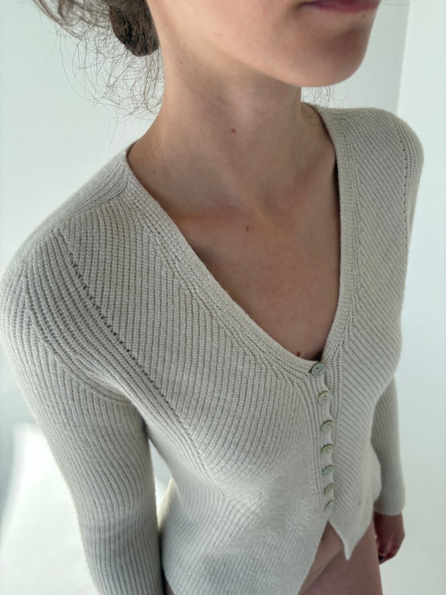 Pulover cambrat super premium off white din lana extrafina multiply de gramaj mare