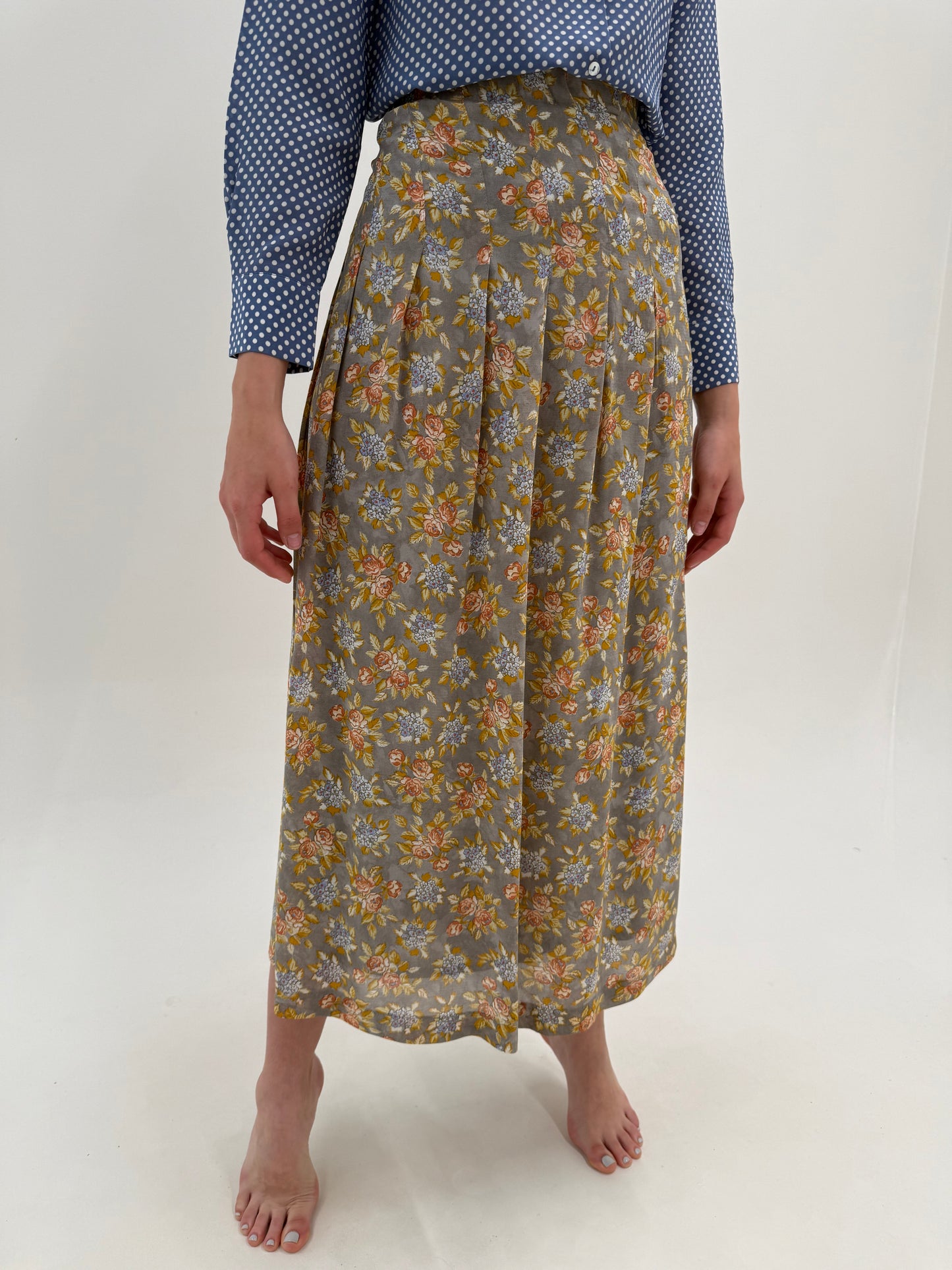 Fustă vintage maxi Sage green cu print delicat și talie elastică ultra înaltă