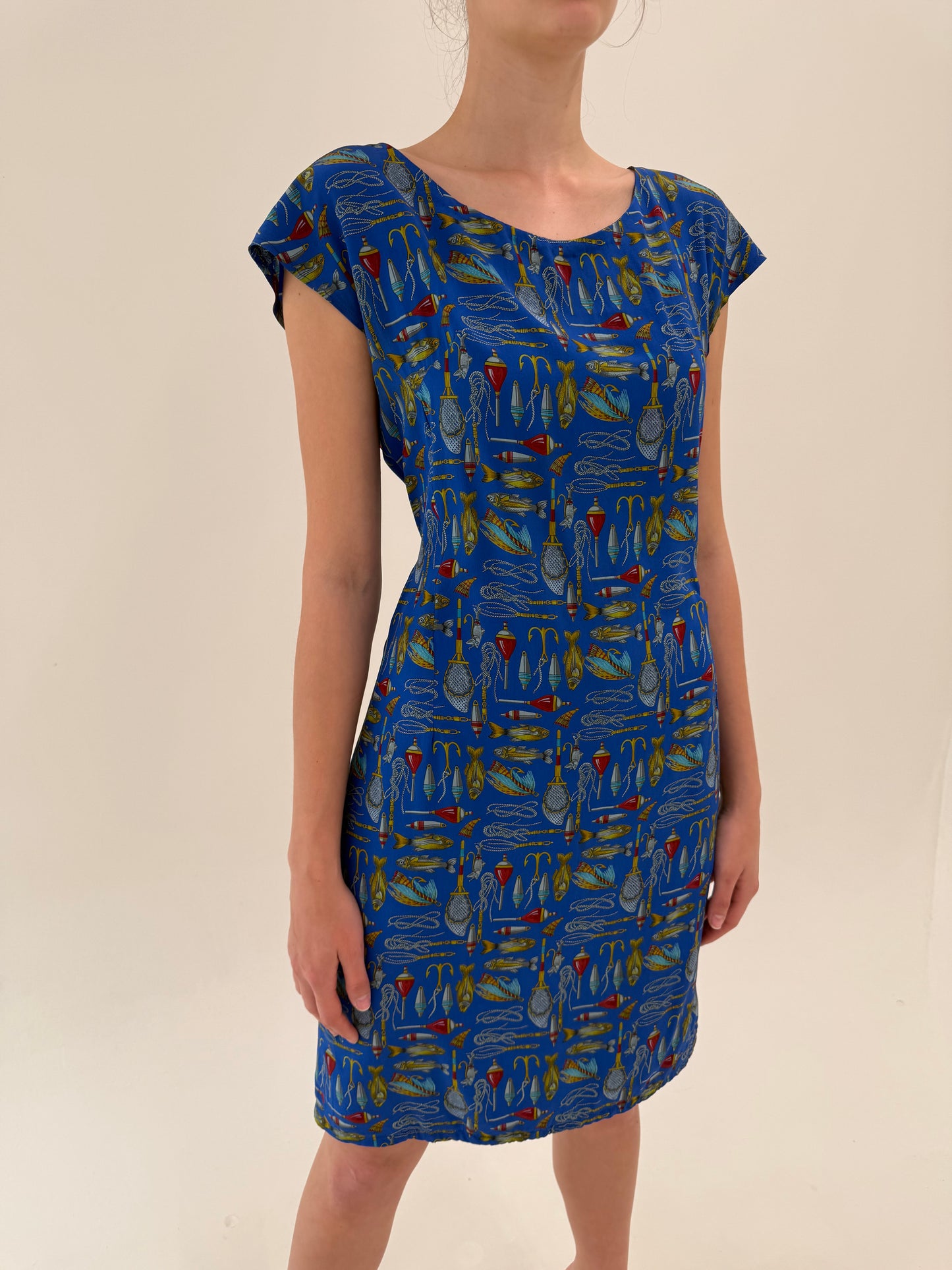Rochie vintage albastru regal și print din mătase naturală cu mânecă ușor căzută
