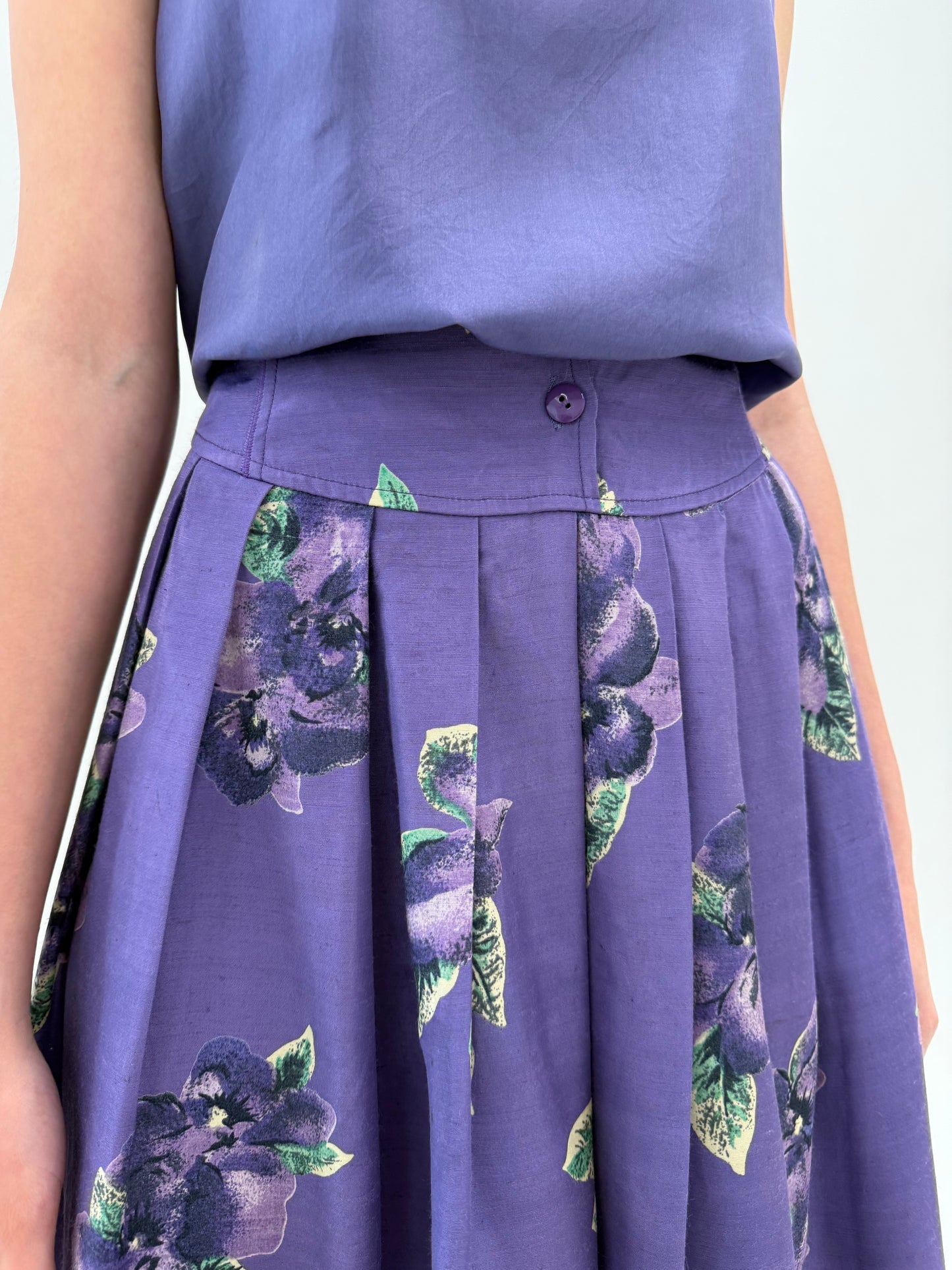 Fustă vintage lavandă cu print floral și talie ultra marcată înaltă din panzica