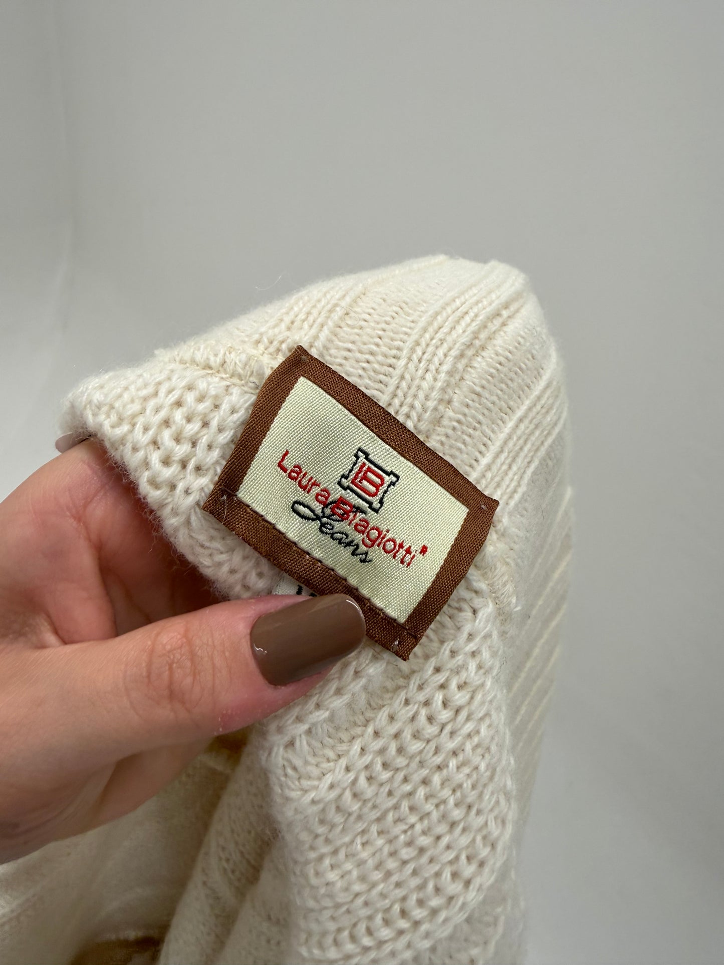 Cardigan lung off white Laura Biagiotti din lana extrafina cu cordon