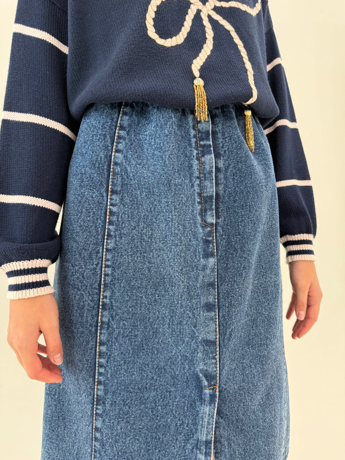 Fustă vintage din jeans gros midi cu buzunare și talie elastică ultra înaltă