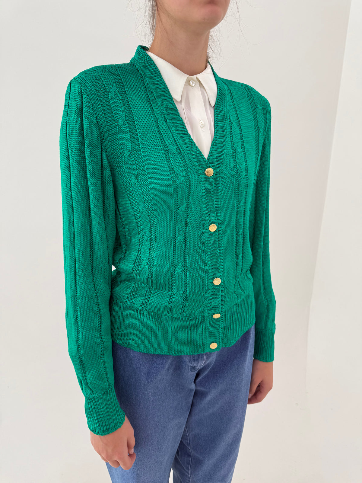 Cardigan vintage emerald green din bumbac satinat mercerizat excepțional