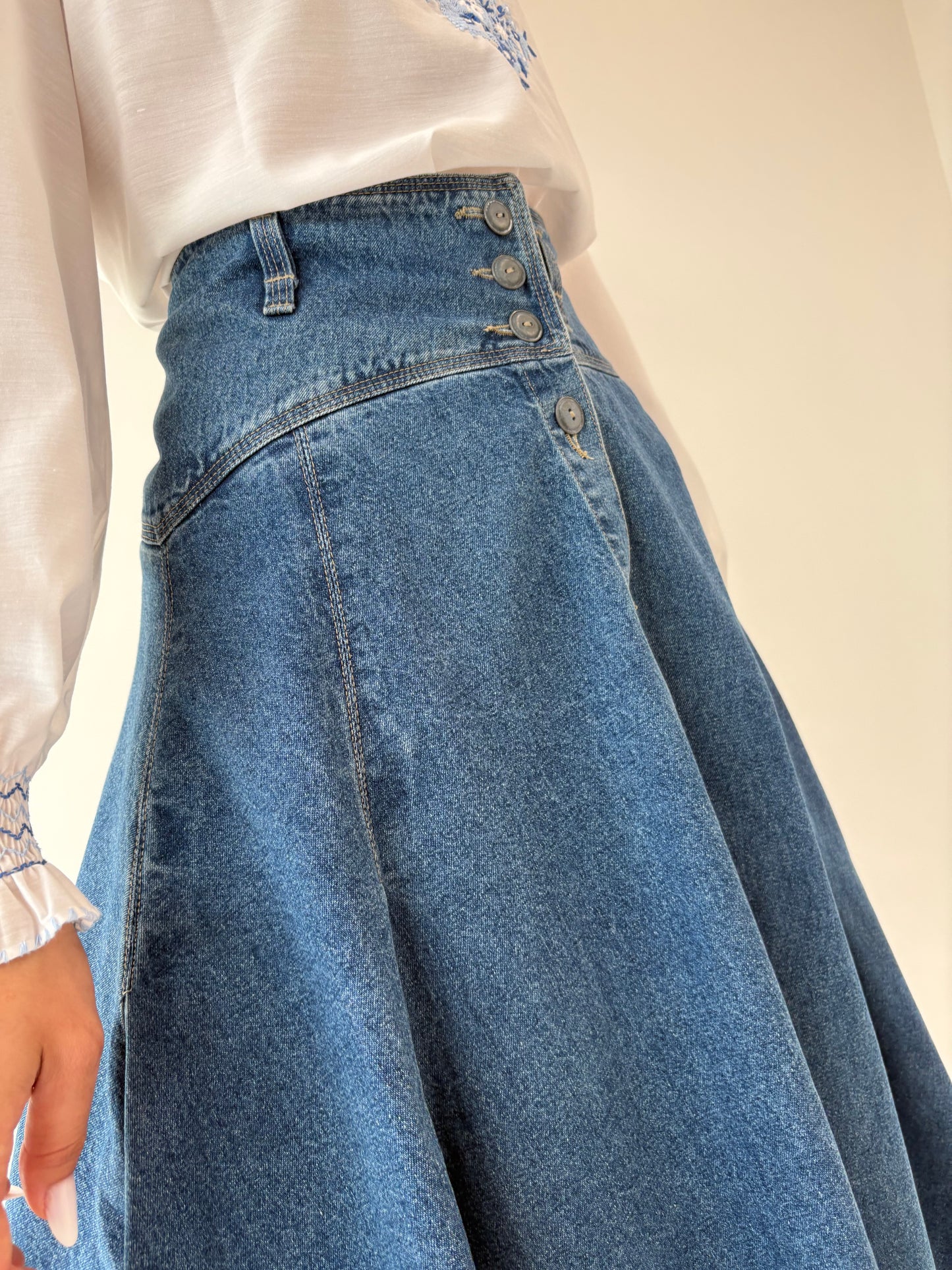 Fustă old vintage din jeans anii 80 extrem de amplă cu talie ultra înaltă
