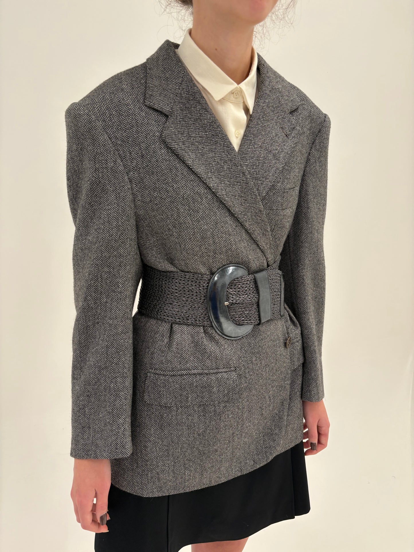 Sacou couture din stofă de lana și cașmir Chevron alb cu negru