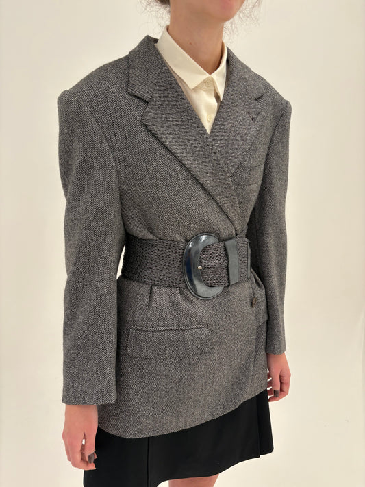 Sacou couture din stofă de lana și cașmir Chevron alb cu negru