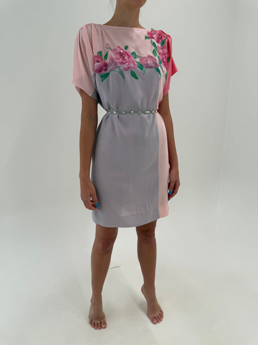 Rochie vintage din mătase naturală cu umeri drapați în culori pudrate și croi boxy