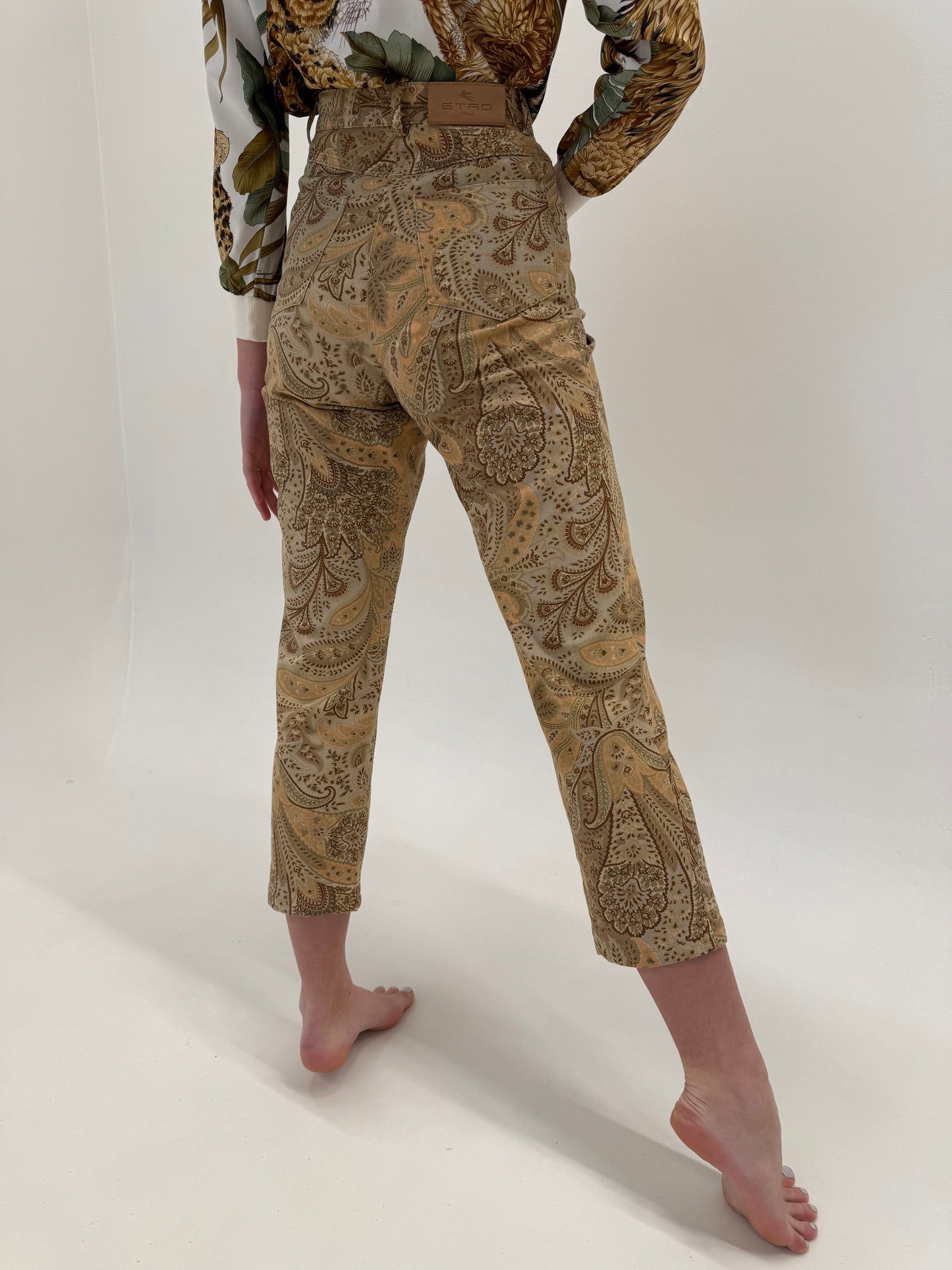 Pantaloni camel Etro petite cu print paisley specific brandului ultra confort modelatori