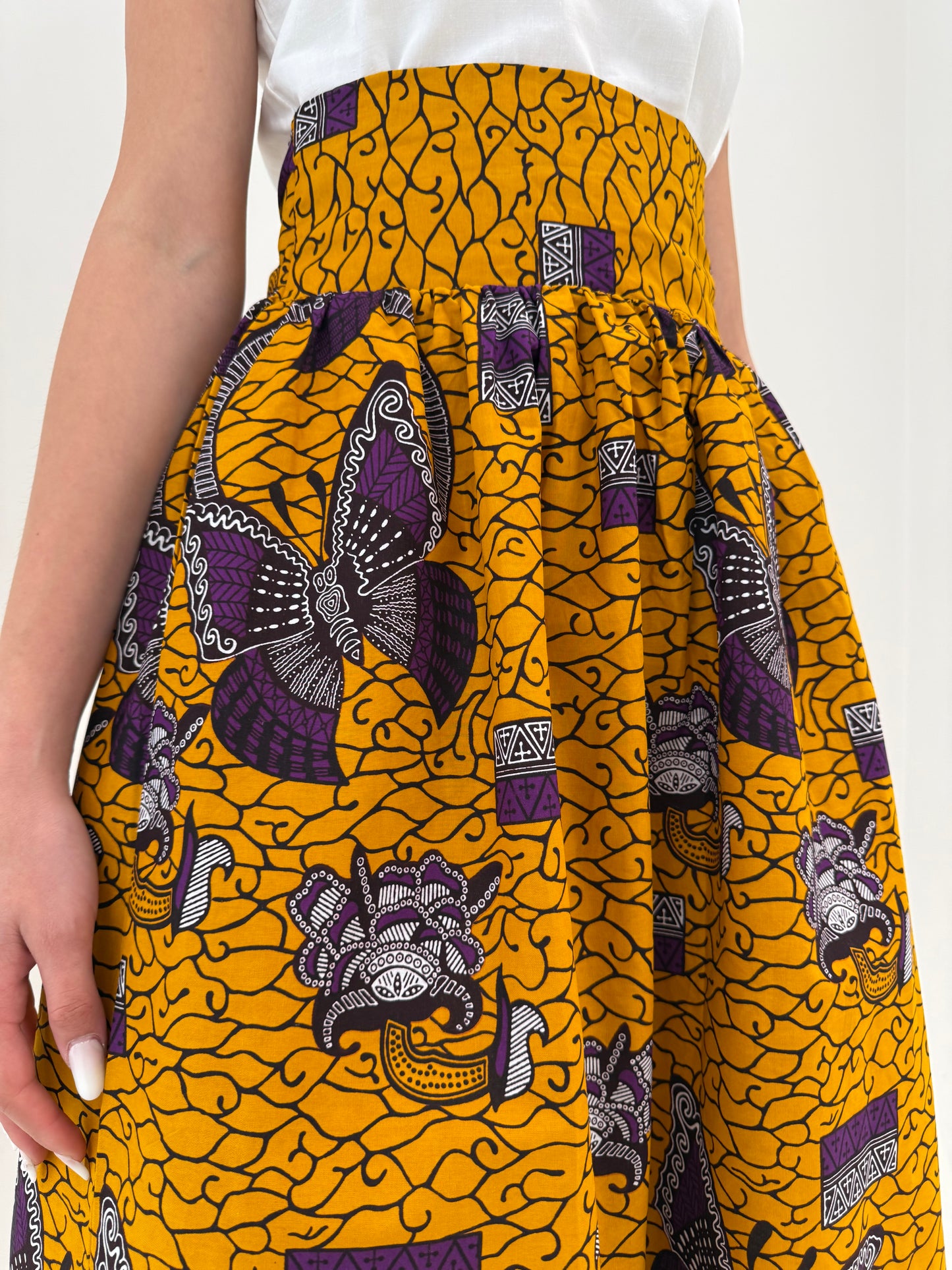 Fuste maxi new old stock din canvas de bumbac cu print manual saffron yellow