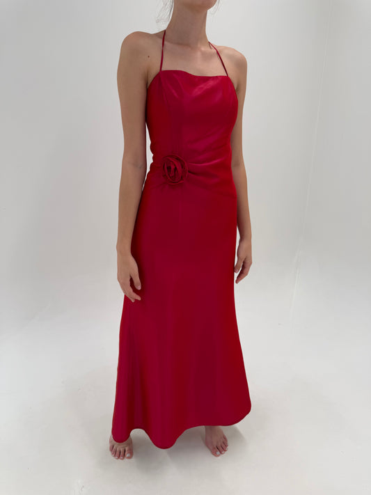 Rochie maxi cu corsaj din tafta ușor perlata cherry red în croi de ani 2000 minimalist