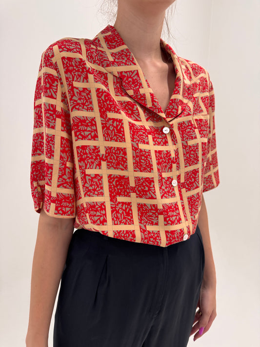Cămașa din mătase naturală brick red cu print camel