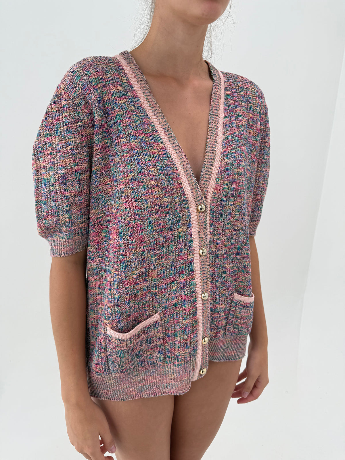 Top în stil chanel din tricot de bumbac curcubeu de gramaj mare