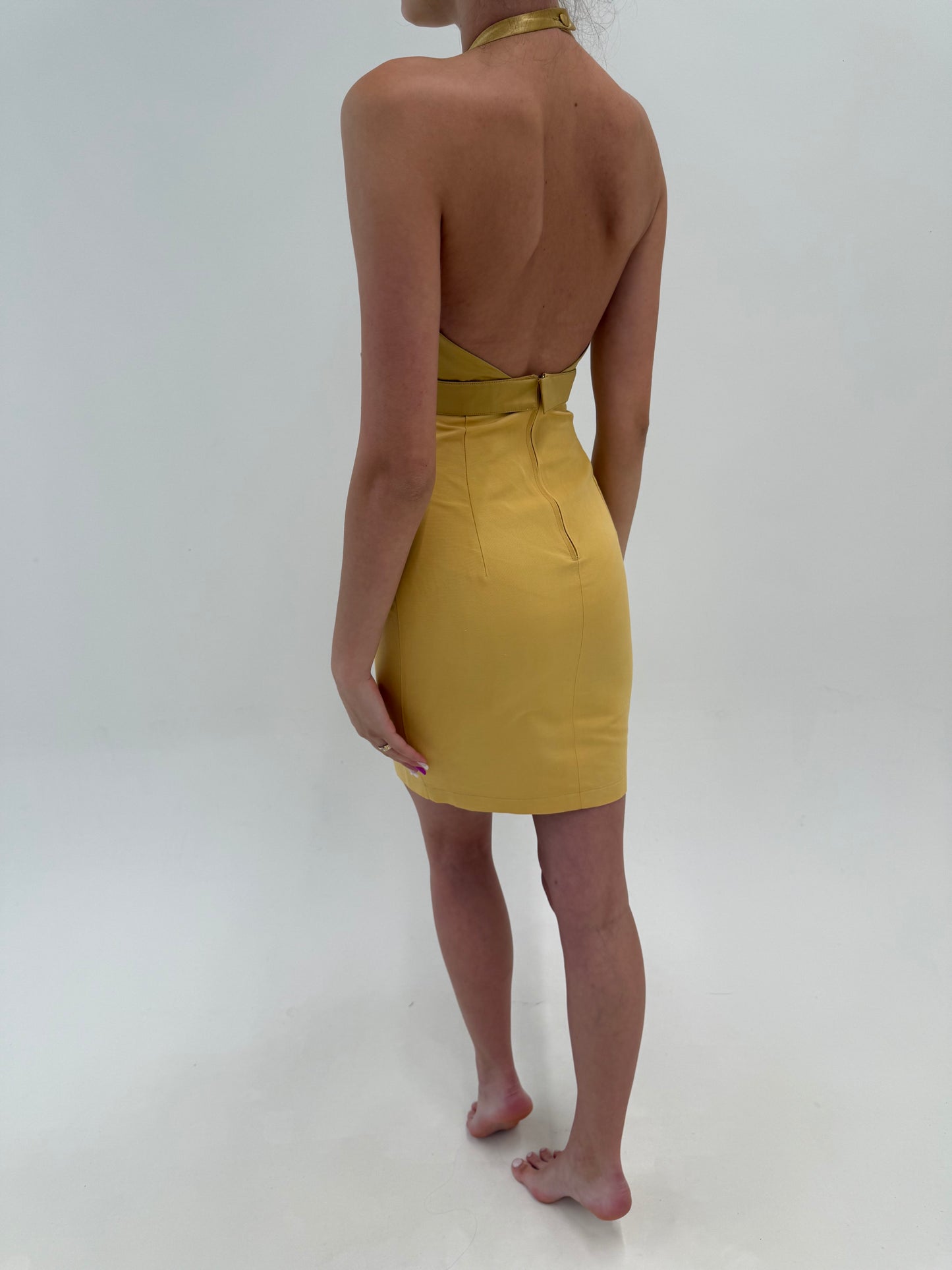Rochie italiană de brand luxury camel si light gold excepțională cu spate gol