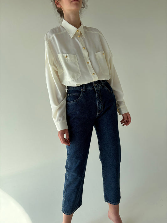 Jeans vintage straight leg dark wash cu talie înaltă
