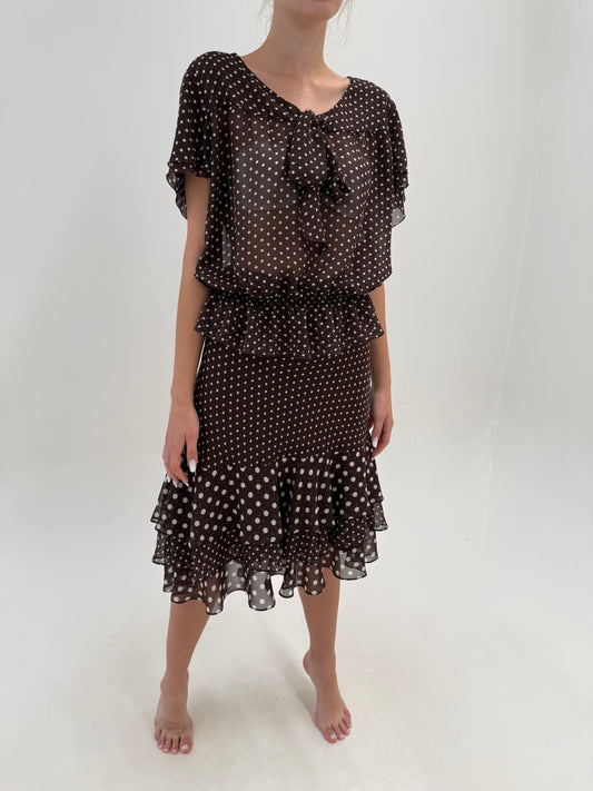 Set Luisa Spagnoli din mătase naturală cu buline ivoire pe chocolate brown