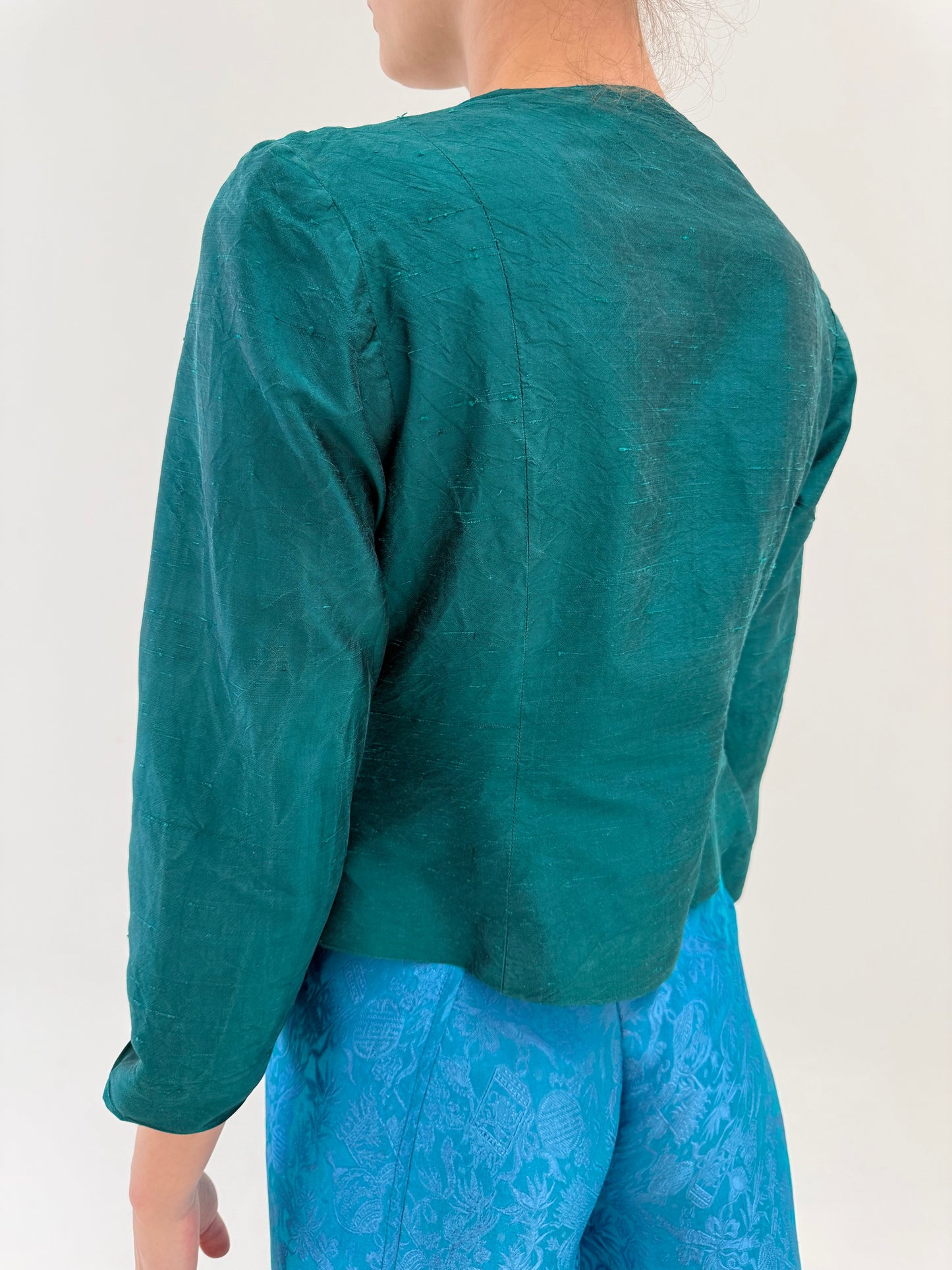 Sacou vintage ultra cambrat din mătase naturală dupioni dark emerald green
