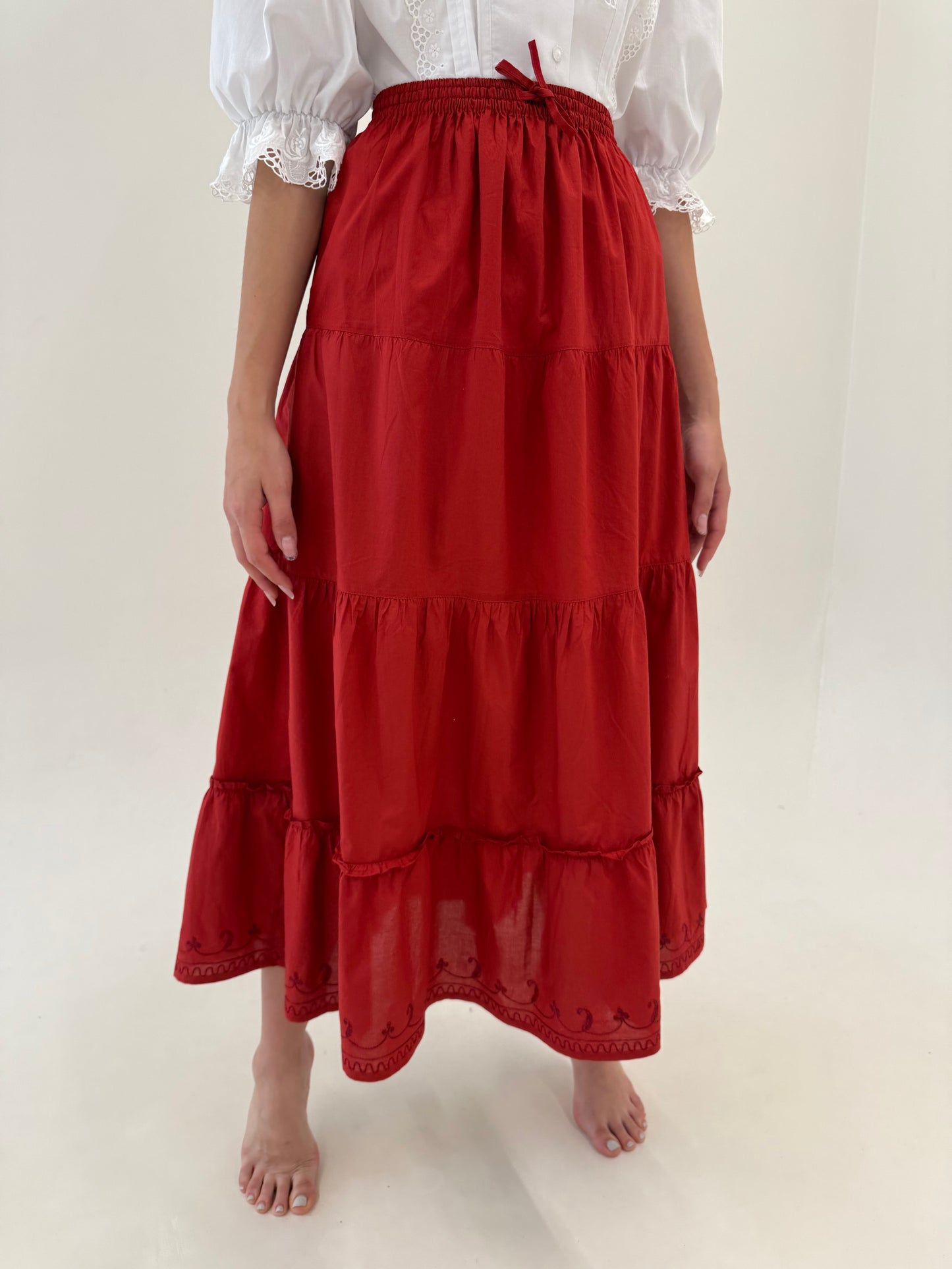 Fustă maxi brick red ultra amplă din poplin premium de bumbac cu broderie