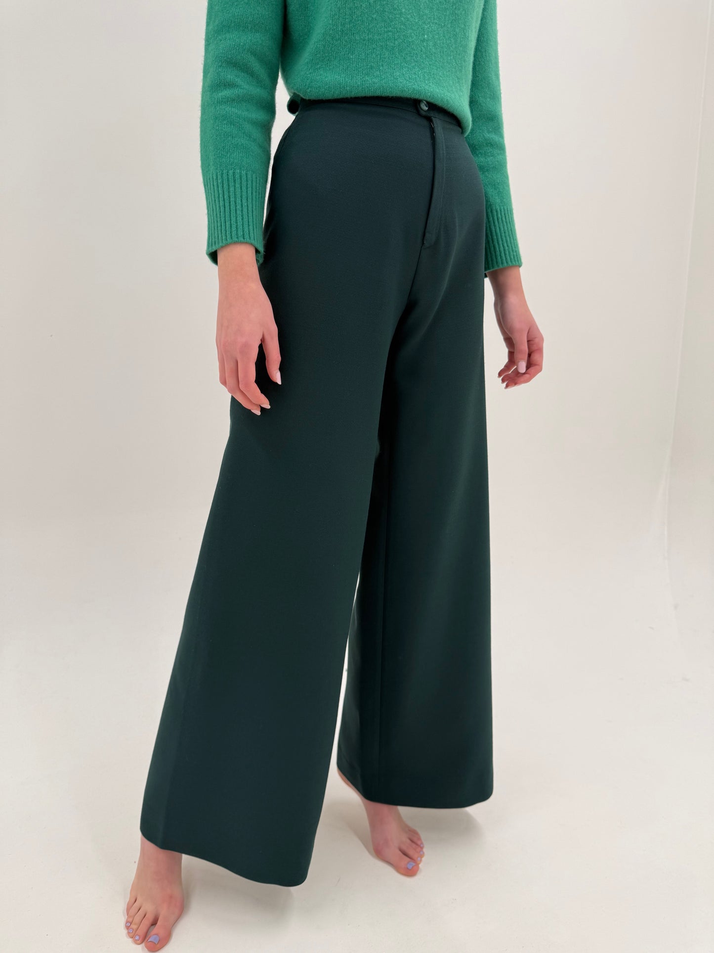 Pantaloni palazzo din lana extrafina cu talie ultra înaltă forest green