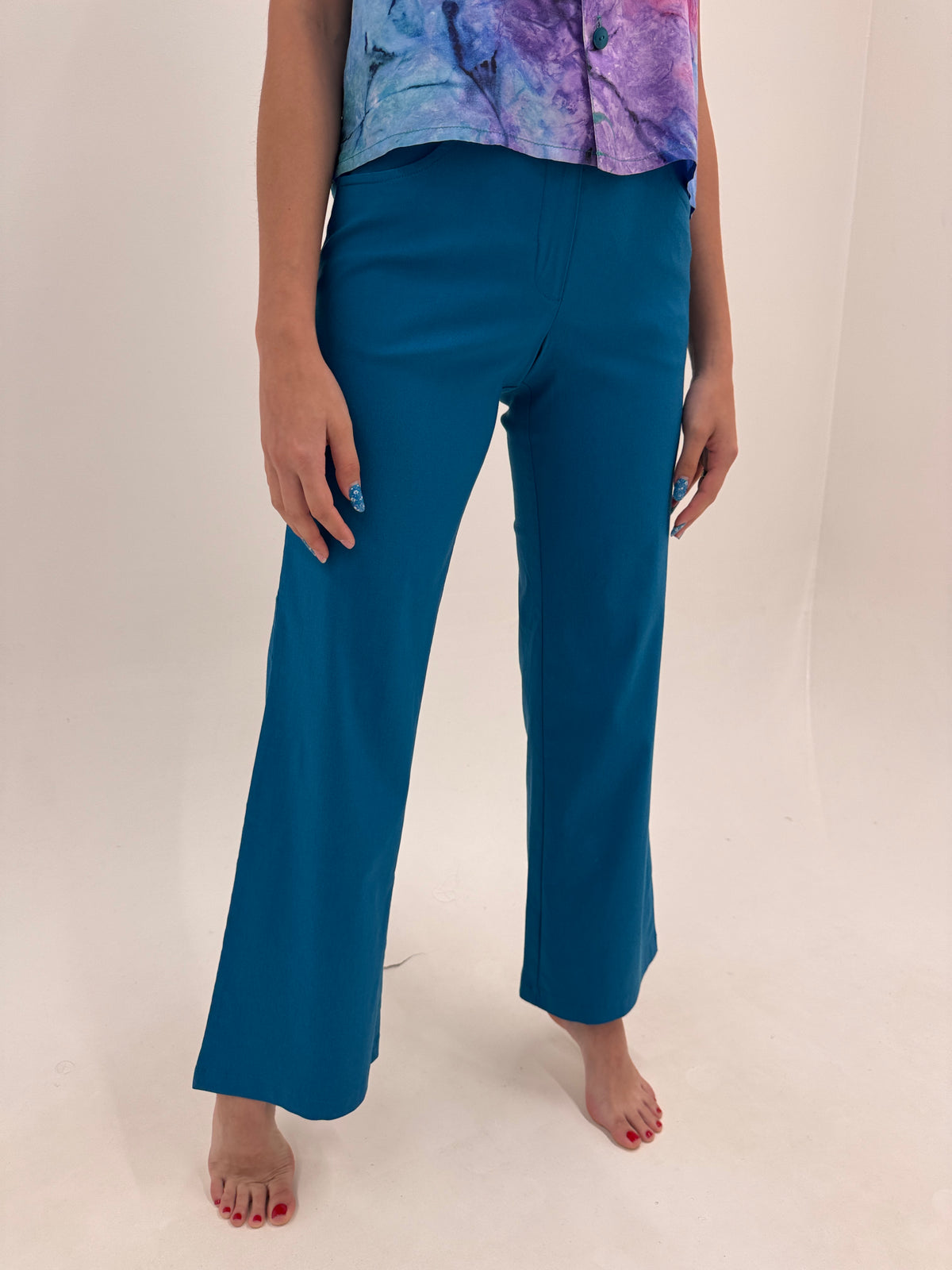 Pantaloni palazzo noi teal blue din poplin ultra confort modelator
