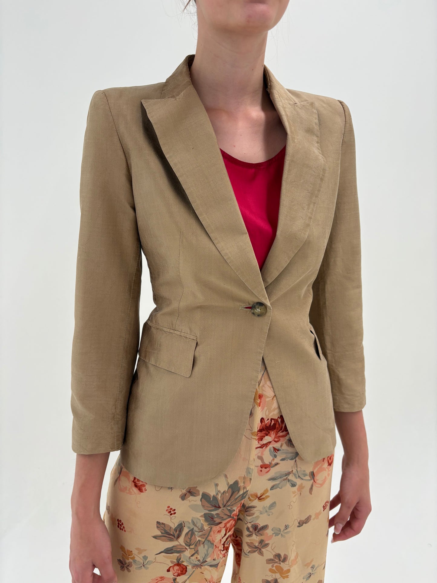 Sacou petite camel de brand luxury din mătase naturală dupioni
