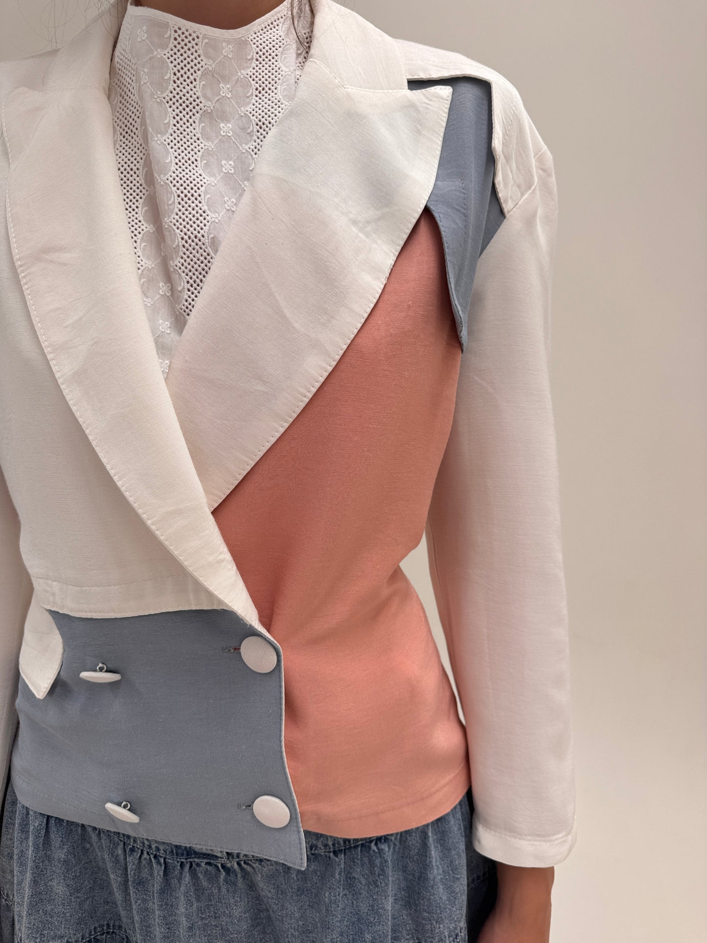 Sacou vintage din faille colorblock cu revere late reglabil la spate