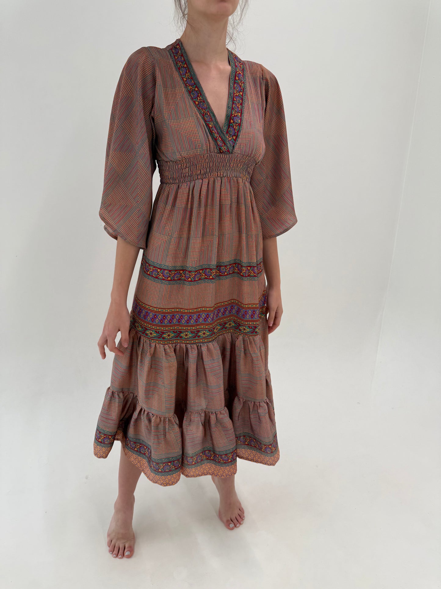Rochie maxi boho cu talie ultra înaltă elastică din mix de mătase naturală