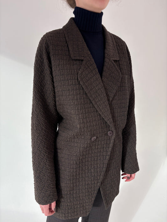 Sacou lung vintage excepțional din stofă waffle dark chocolate brown