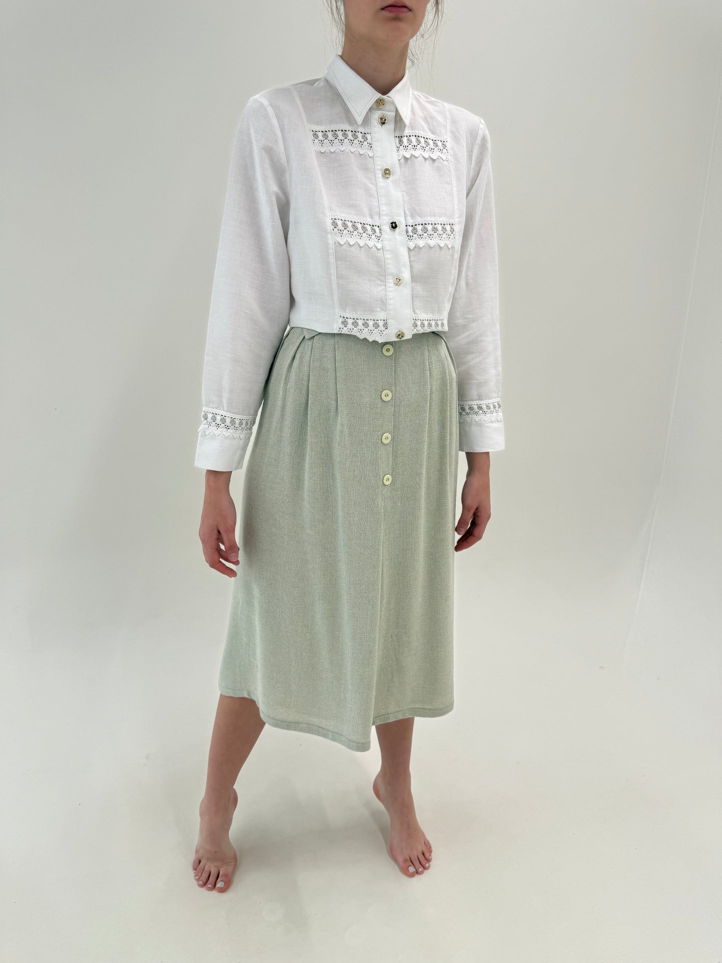 Fusta vintage din pânză grea naturală light Sage green midi lung