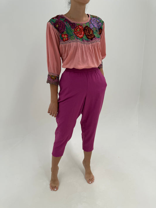 Pantaloni petite magenta din in cu talie ultra înaltă elastică