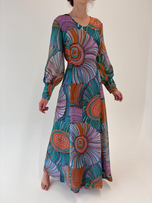 Rochie vintage maxi se seara cu print și manșete înalte