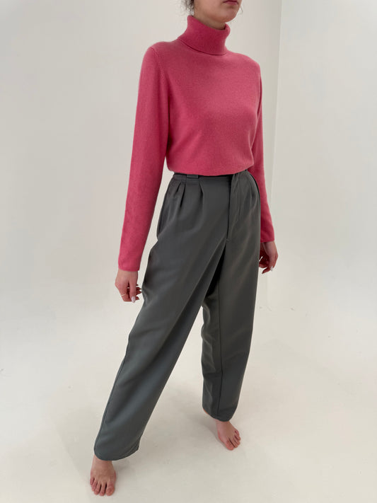 Pantaloni super tall din Bumbac ușor lucios cu talie ultra înaltă și pense