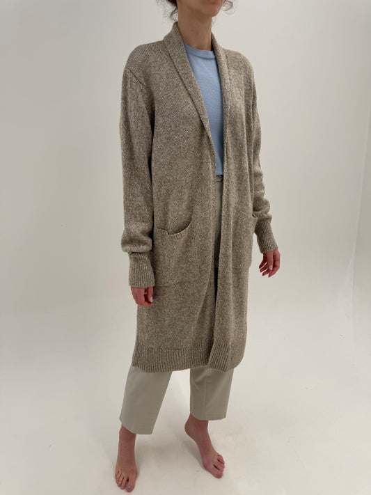 Cardigan lung Camel melanj cu ivoire din lana extrafina cu buzunare