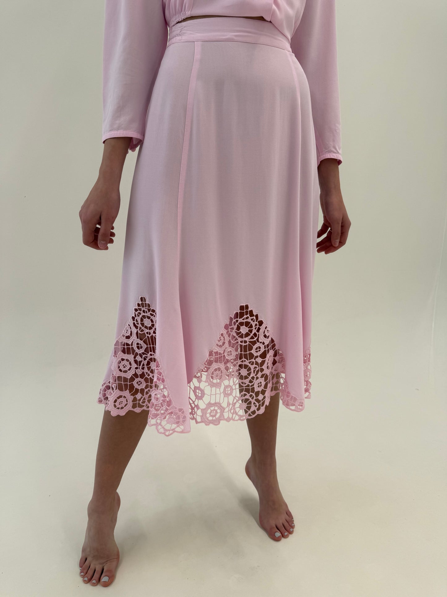 Set vintage powder Pink cu inserții de dantelă macrame și talie marcată elastică