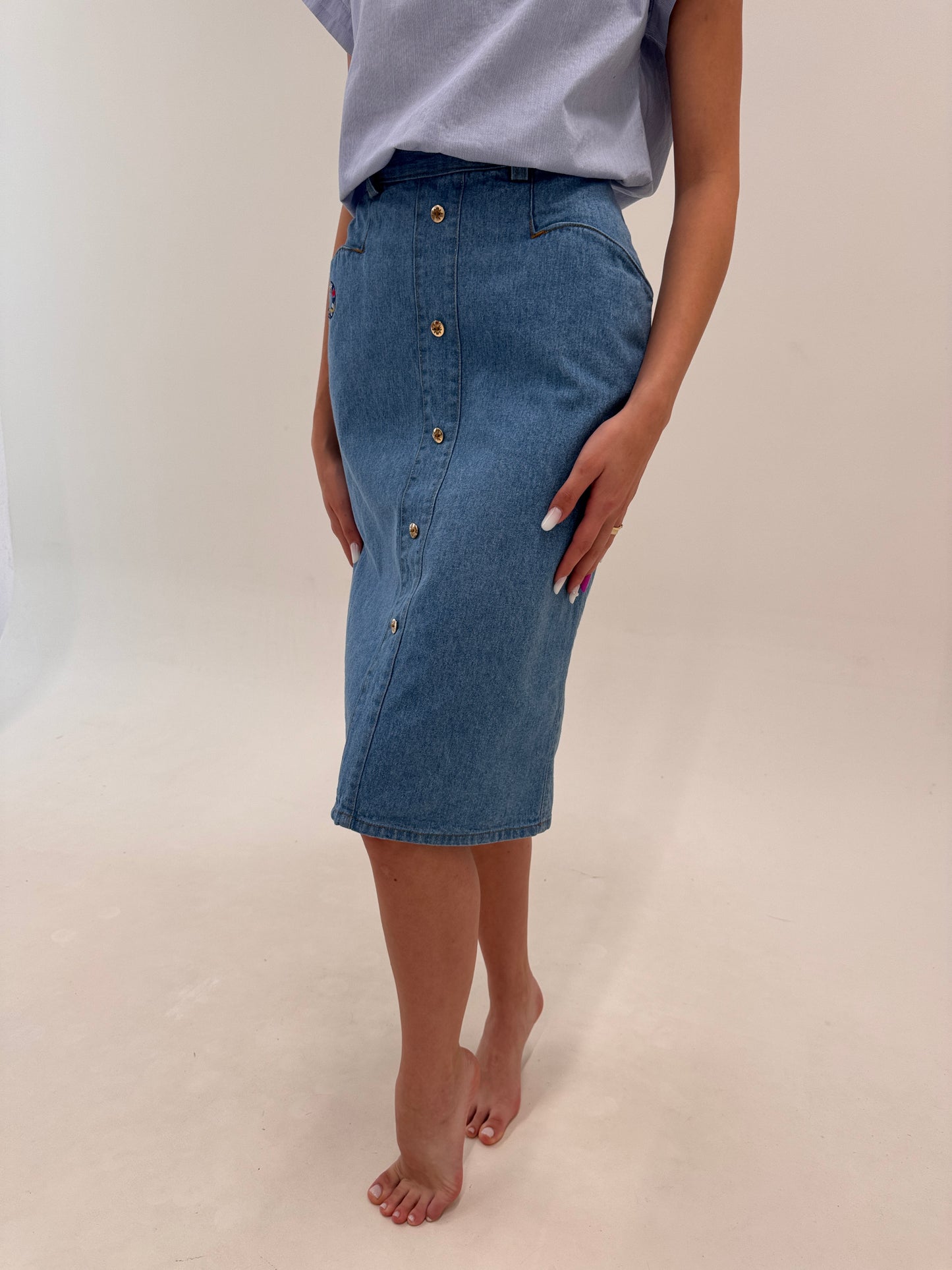 Fustă vintage din jeans moale de vară cu talie ultra înaltă marcată și buzunare chic