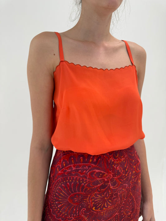 Top red orange din mătase naturală cu broderie în croi minimalist