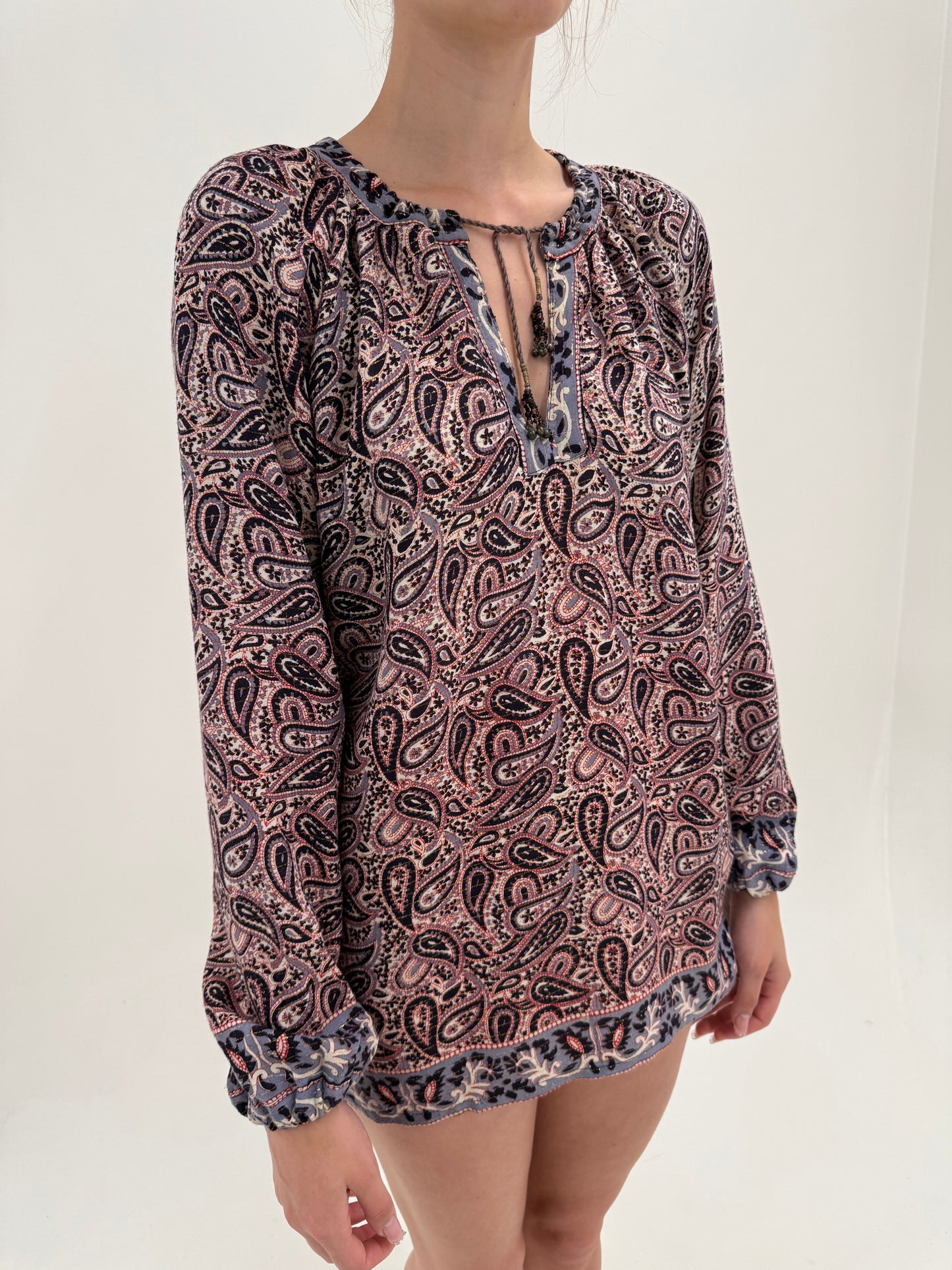 Tunica cu print paisley din panzica cu inserții extrafine de lurex rose gold