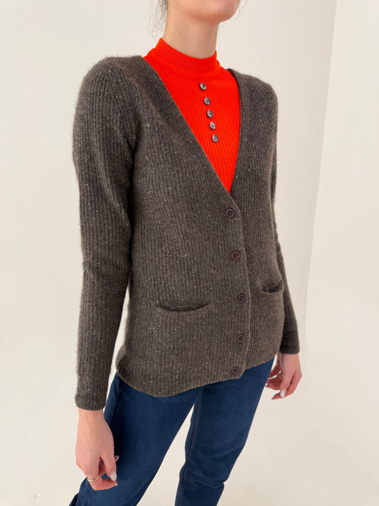 Cardigan light taupe din cașmir cu inserții curcubeu