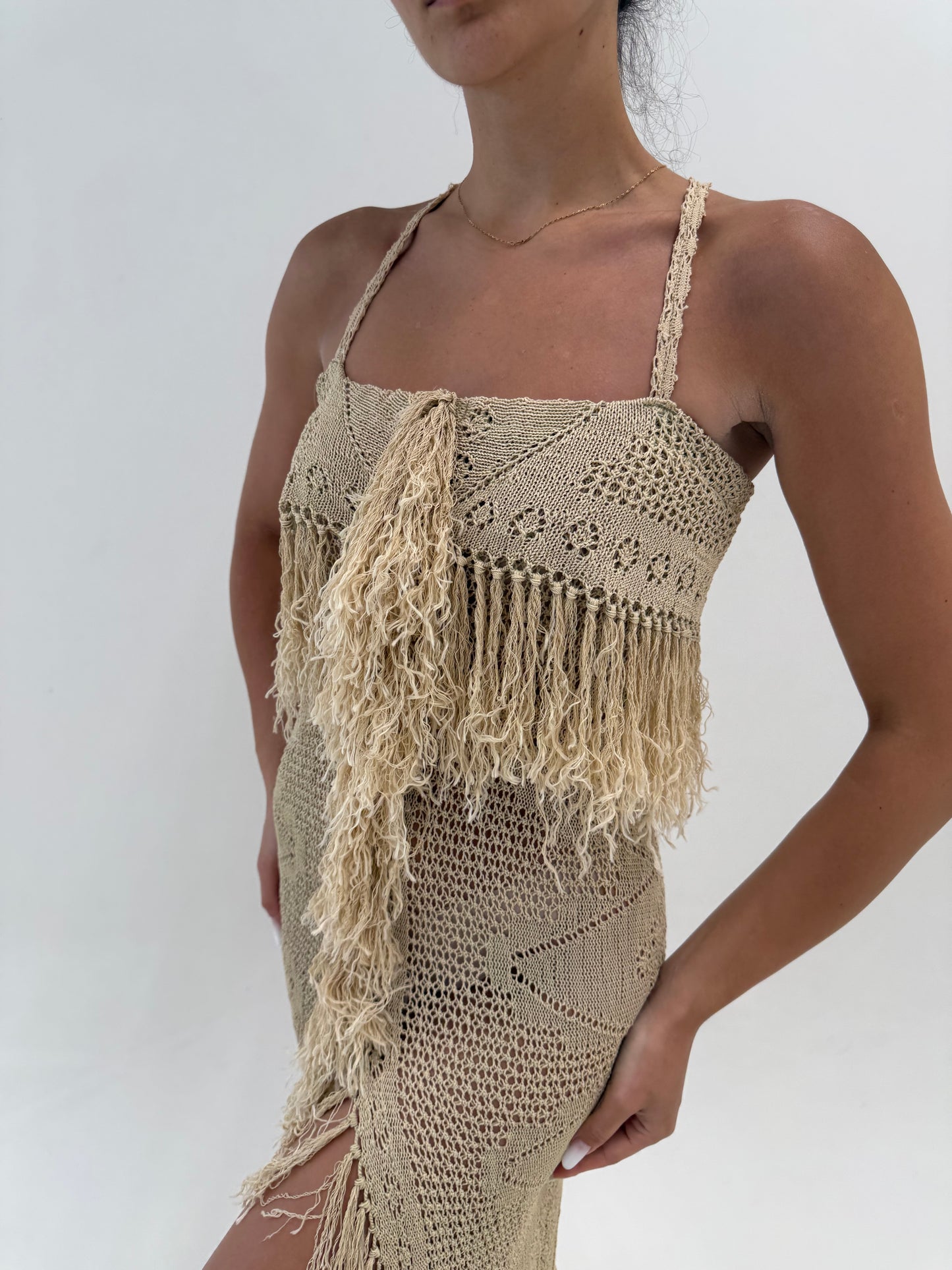 Rochie tall camel din macrame excepțional de bumbac lucrat manual